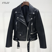 FTLZZ nowa jesienna damska kurtka ze skóry sztucznej kobieta zamek błyskawiczny pas krótki płaszcz kobieta czarny Punk Bomber Faux Leather znosić 1